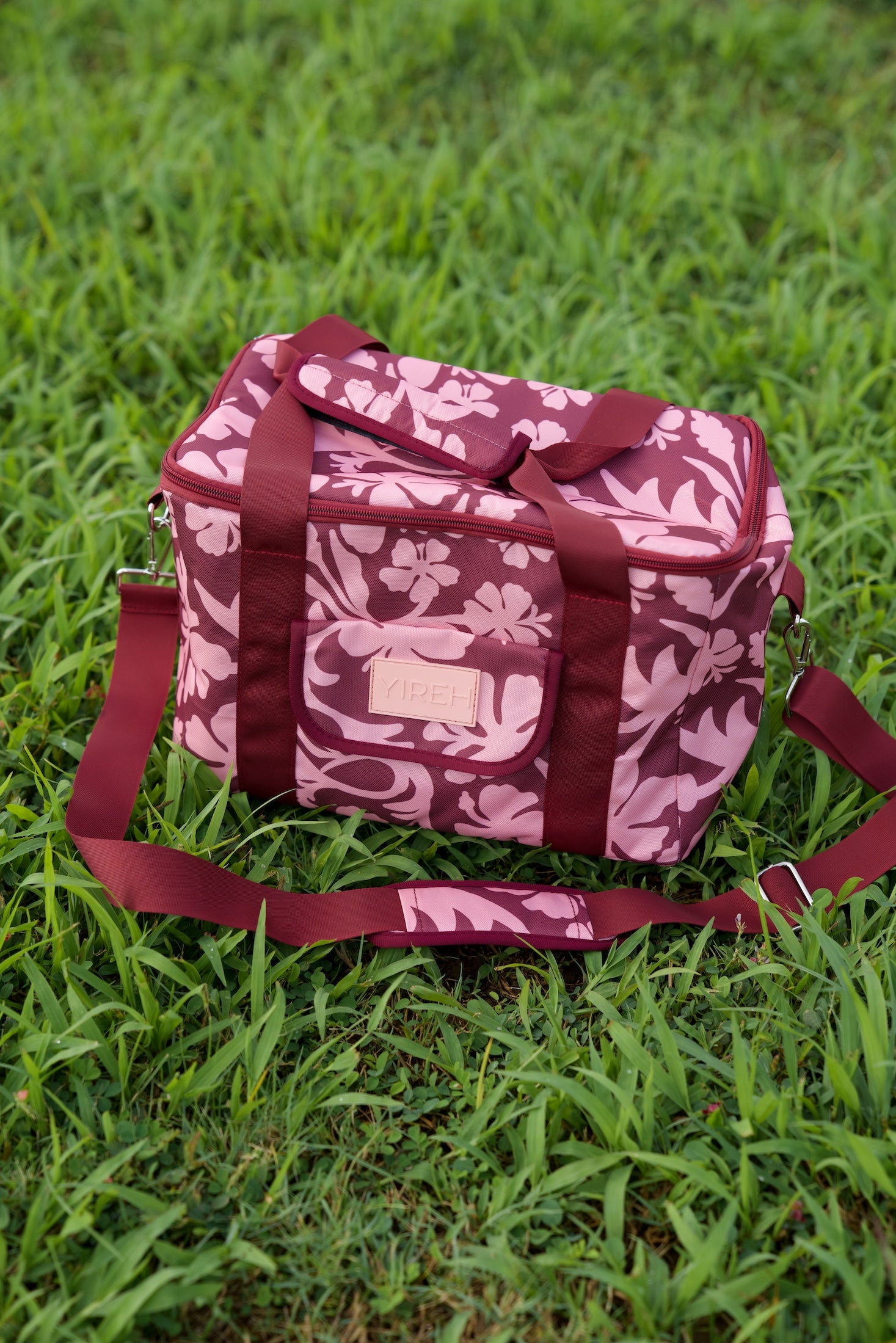 cooler bag with brown and pink hibiscus print