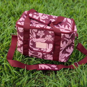 cooler bag with brown and pink hibiscus print