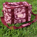 cooler bag with brown and pink hibiscus print