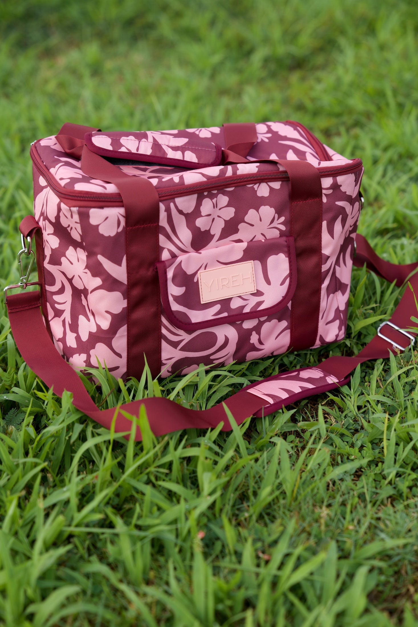 cooler bag with brown and pink hibiscus print
