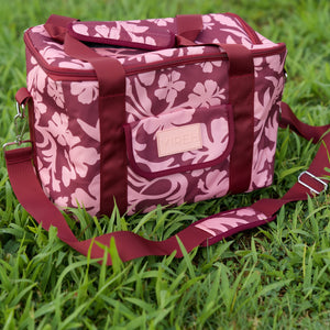 cooler bag with brown and pink hibiscus print
