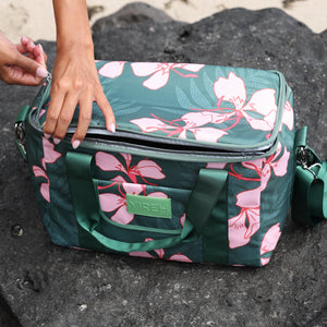 large forest green cooler bag with handle and strap featuring fern and ginger print