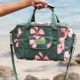 large forest green cooler bag with handle and strap featuring fern and ginger print