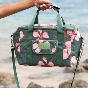 large forest green cooler bag with handle and strap featuring fern and ginger print