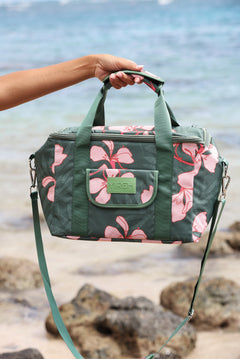 large forest green cooler bag with handle and strap featuring fern and ginger print