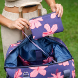 navy blue large travel tote with luggage sleeve, adjustable strap, duster bag, detachable mini pouches, and zipper compartments.
