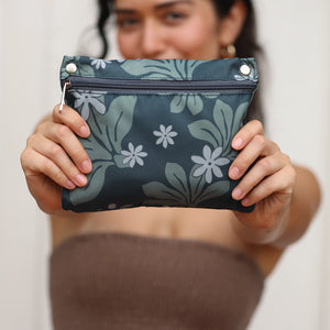 green nylon tote bag with naupaka and tiare print