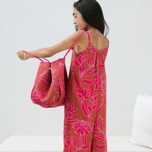 large neoprene tote bag and matching pouch in rusty brown and pink awapuhi print 