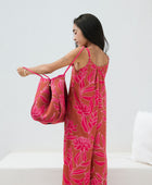 large neoprene tote bag and matching pouch in rusty brown and pink awapuhi print 