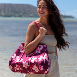 large dark purple neoprene tote bag with orchid pattern 