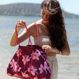 large dark purple neoprene tote bag with orchid pattern 