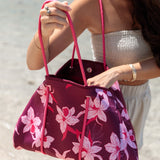 large dark purple neoprene tote bag with orchid pattern 