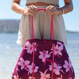 large dark purple neoprene tote bag with orchid pattern 