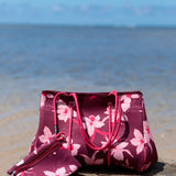 large dark purple neoprene tote bag with orchid pattern 