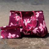 large dark purple neoprene tote bag with orchid pattern 