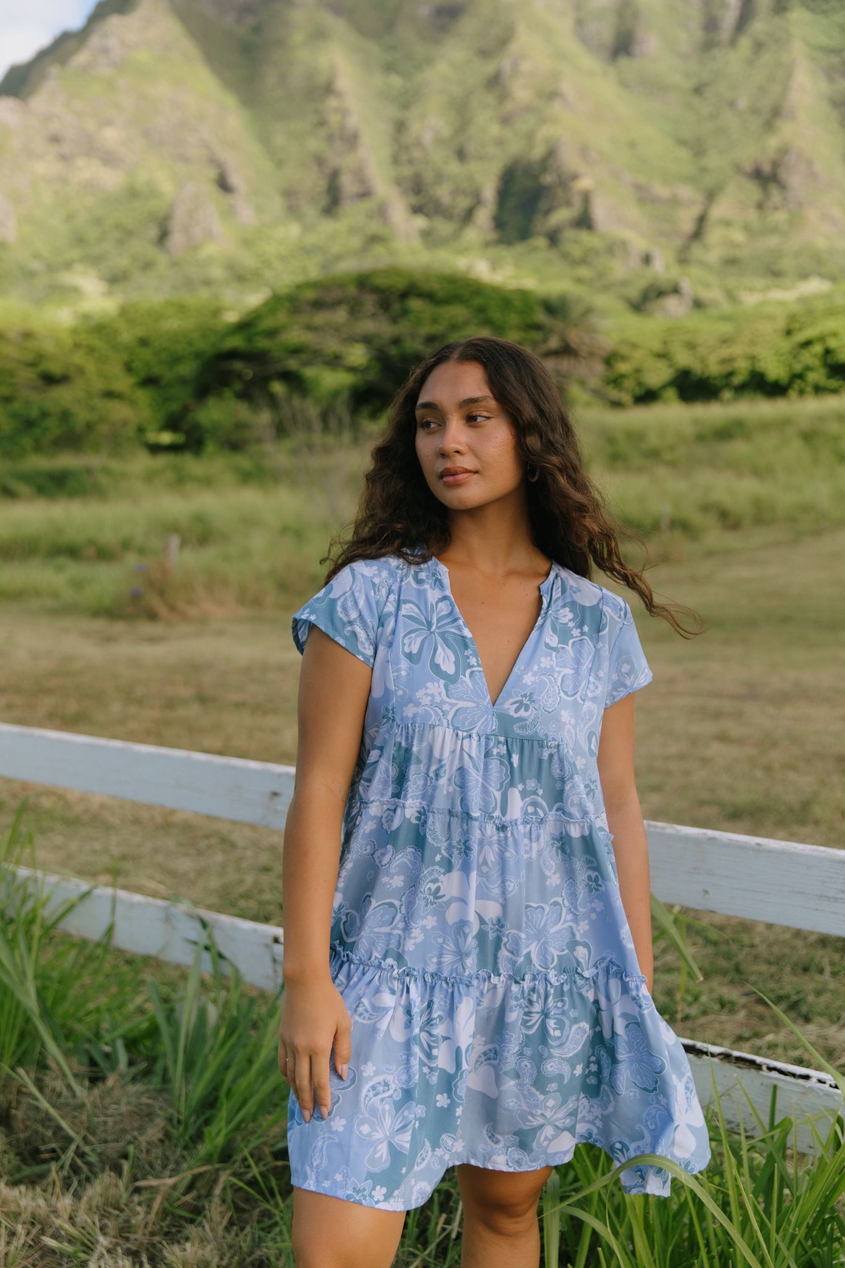 woman with brown hair wearing blue paisley printed short flowy dress with v neck