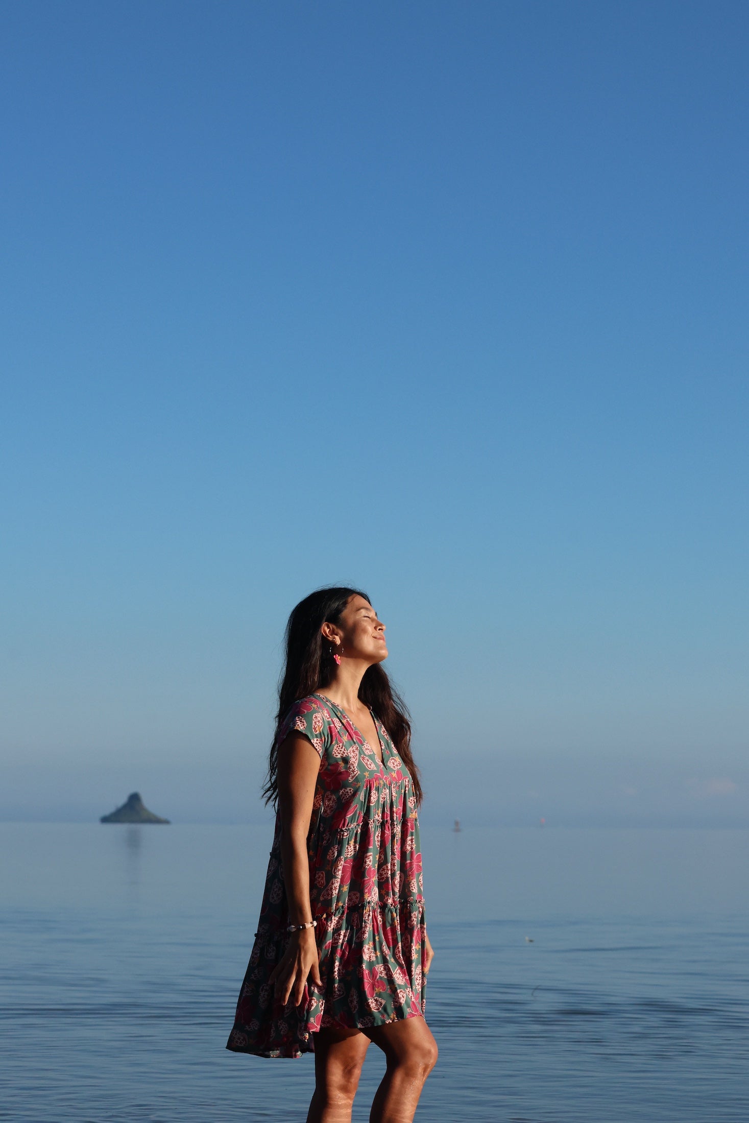 woman with brown hair wearing a baby doll dress with shell and pua print in a teal color