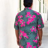 man with brown hair wearing men's aloha button up top with fern and ginger print