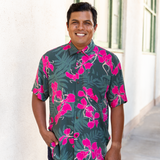 man with brown hair wearing men's aloha button up top with fern and ginger print