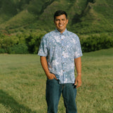 man wearing blue paisley printed aloha button up shirt