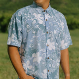 man wearing blue paisley printed aloha button up shirt