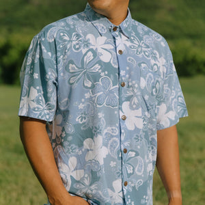 man wearing blue paisley printed aloha button up shirt