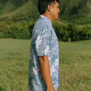 man wearing blue paisley printed aloha button up shirt