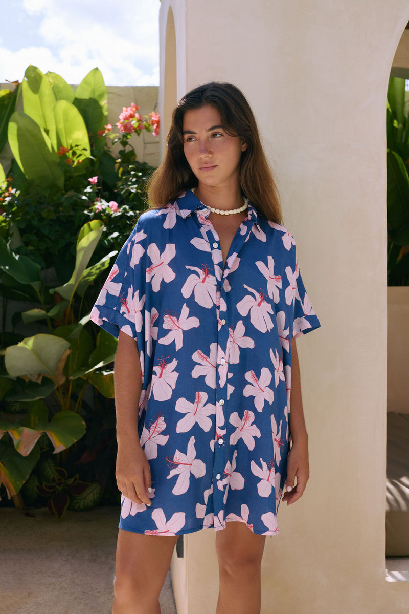 Kaimana Dress in Koki'o Blossom (Navy)