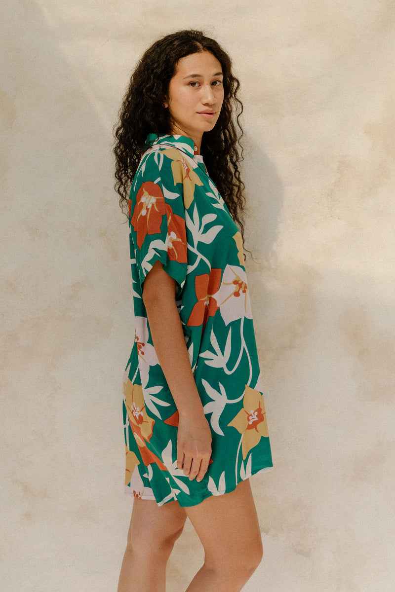 Woman in short sleeve shirt dress with multi colored floral print on green ground.