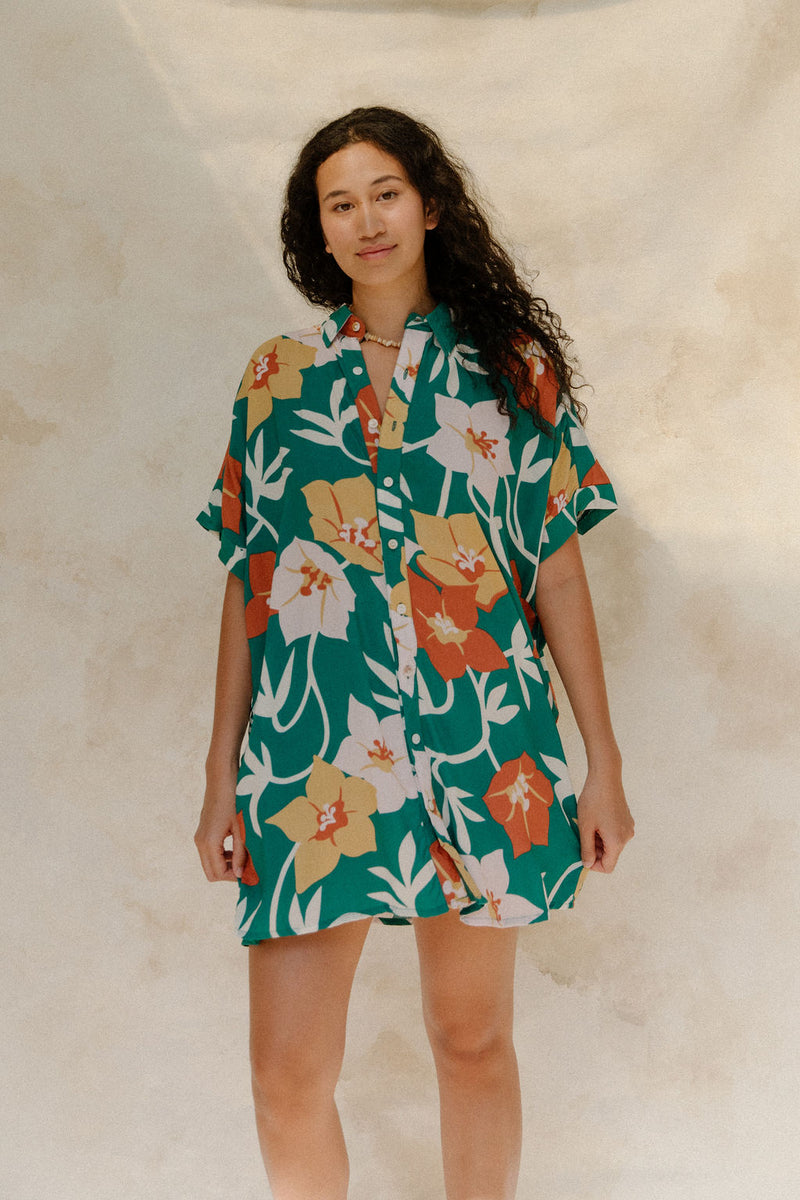 Woman in short sleeve shirt dress with multi colored floral print on green ground.