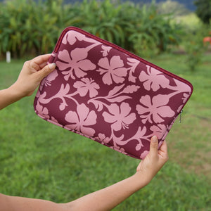 padded laptop case with pink and brown toned hibiscus print