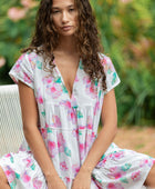 YIREH - Women's oversized tiered dress in white and pink floral print