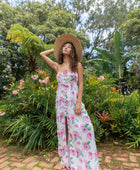 YIREH - Women's strapless maxi dress in pink and white floral print