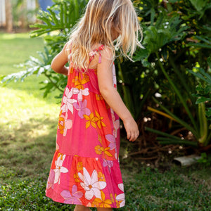 little girl wearing a pink tie strap maxi dress with retro flower pattern