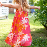 little girl wearing a pink tie strap maxi dress with retro flower pattern