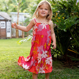 little girl wearing a pink tie strap maxi dress with retro flower pattern