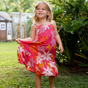little girl wearing a pink tie strap maxi dress with retro flower pattern