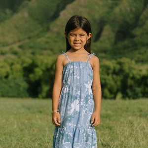 little girl wearing blue paniolo paisley printed dress with tie straps