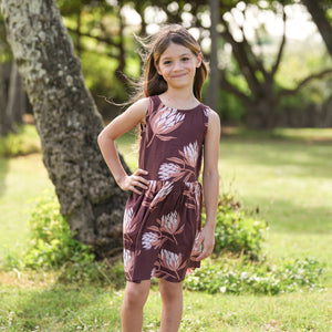 little girl wearing brown high neck, sleeveless dress with protea print