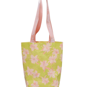yireh and buddah mochi collab mini tote bag in bright green color with orchid pattern