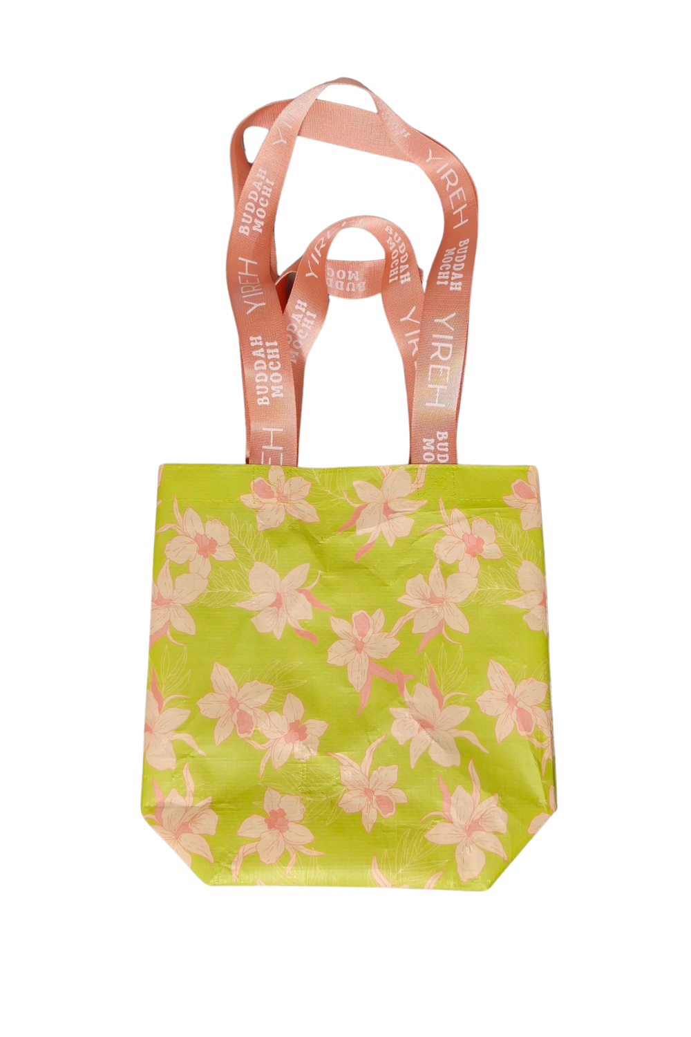 yireh and buddah mochi collab mini tote bag in bright green color with orchid pattern