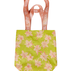 yireh and buddah mochi collab mini tote bag in bright green color with orchid pattern