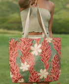 Woman with tote bag with red ginger flowers and beige tiare flower print.