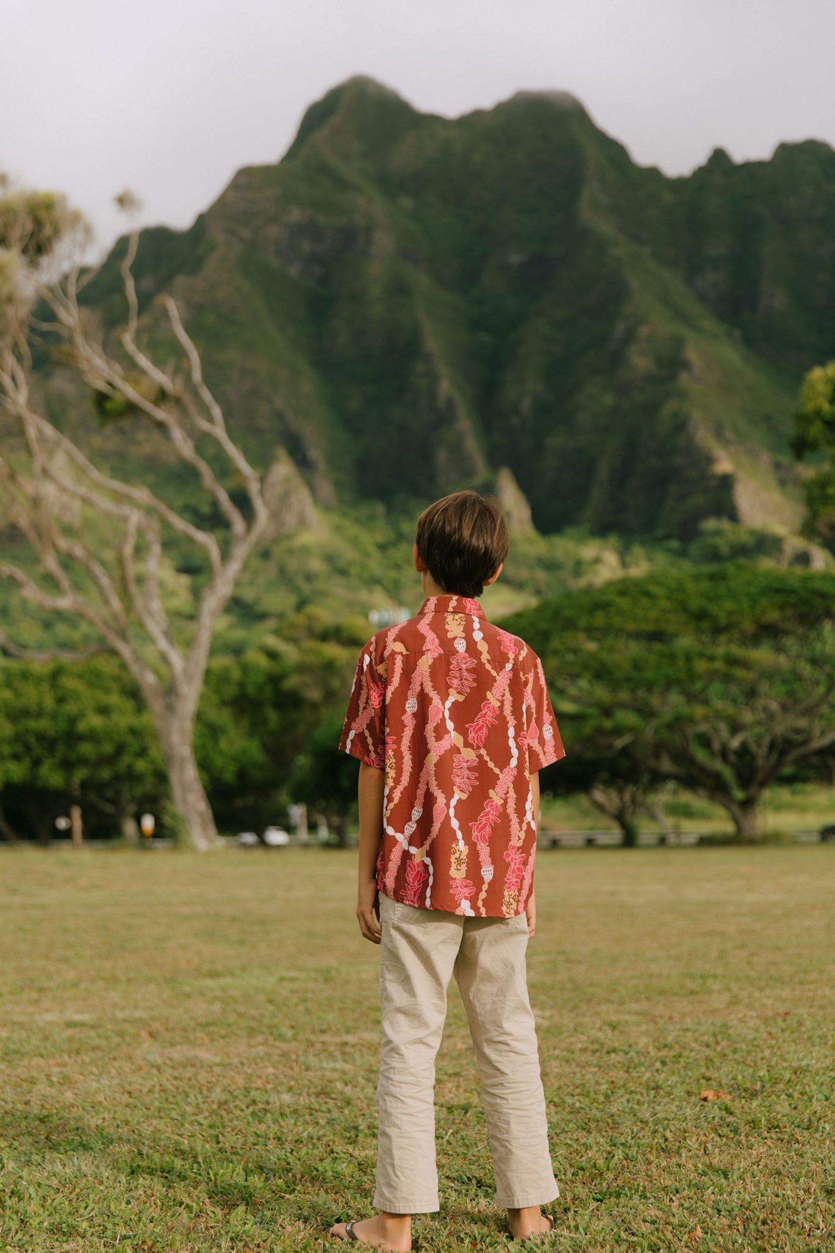 boy wearing red-brown aloha button up shirt with lei print