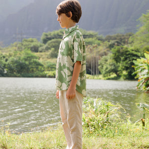little boy wearing green aloha shirt with native Hawaiian plants
