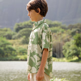 little boy wearing green aloha shirt with native Hawaiian plants