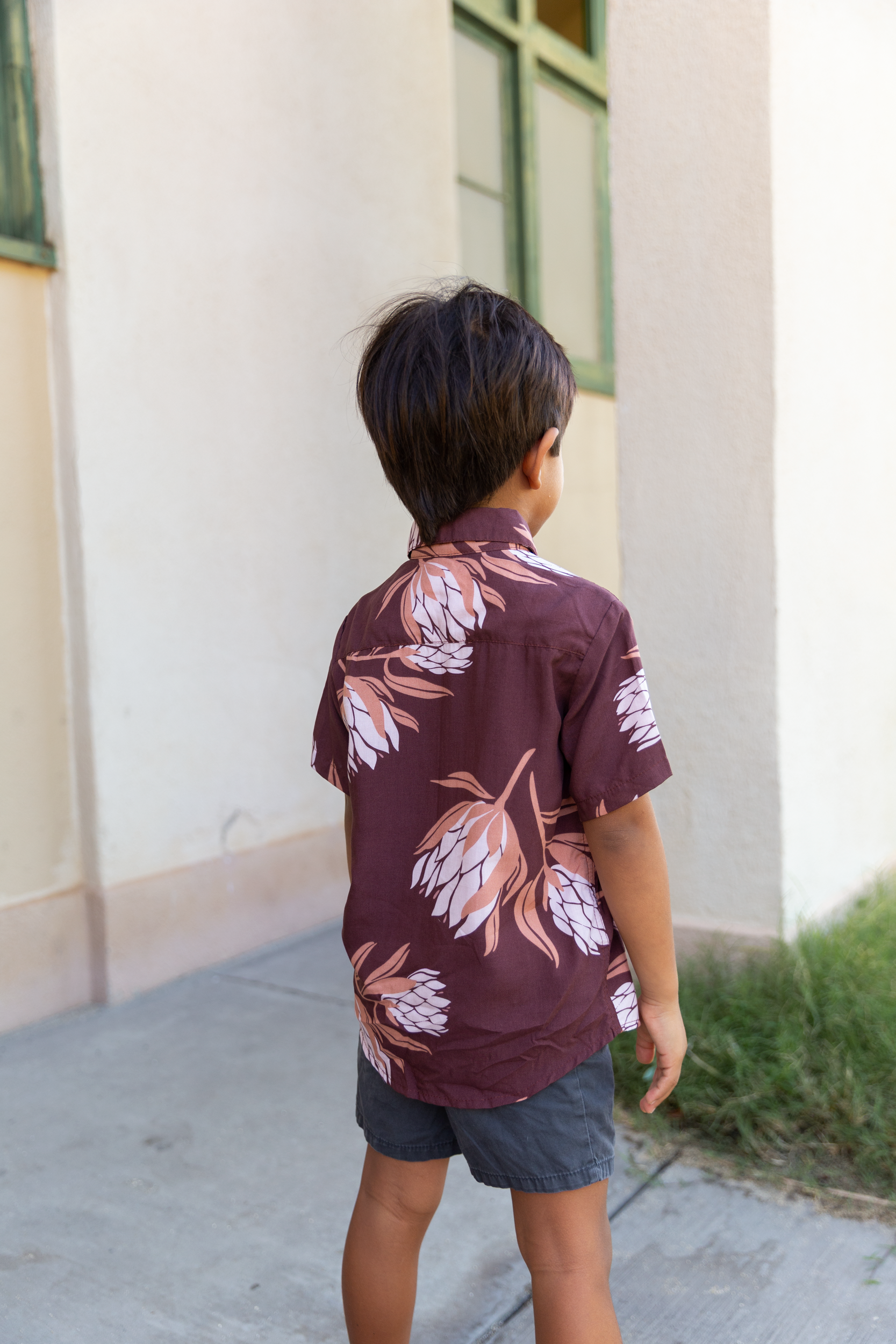 little boy wearing brown mini button up aloha shirt with protea print