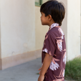 little boy wearing brown mini button up aloha shirt with protea print