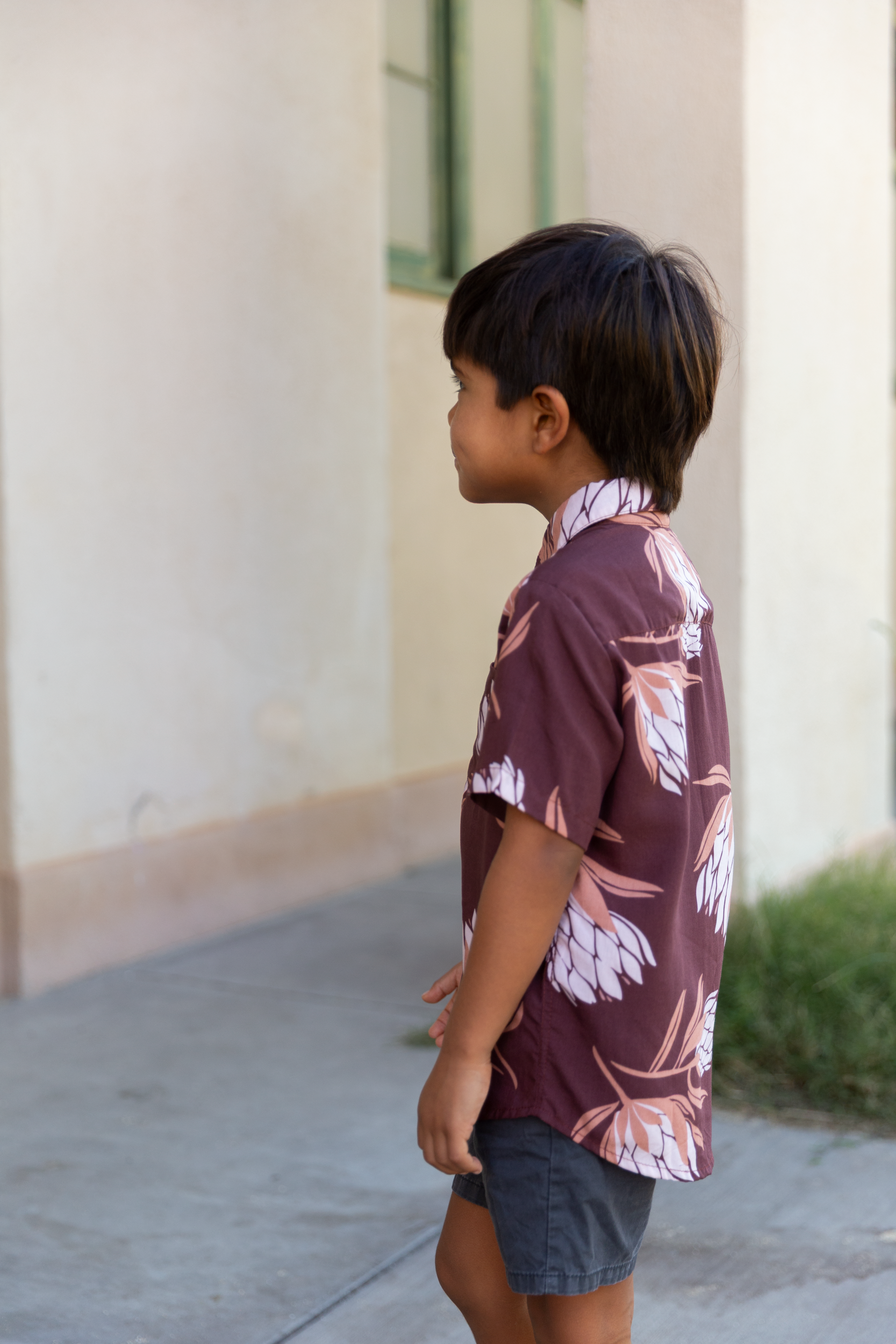 little boy wearing brown mini button up aloha shirt with protea print