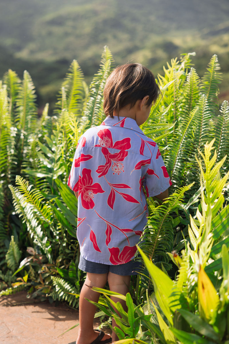 little boy with brown hair wearing a button up aloha shirt with periwinkle background and bright red hibiscus print.